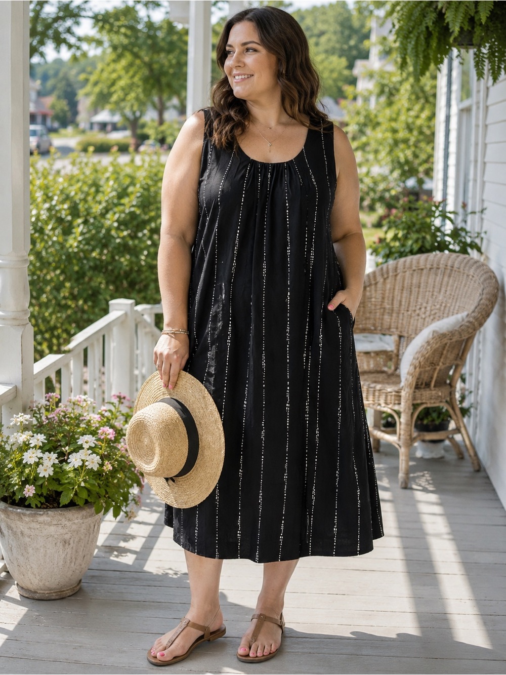 Addition Elle Black White Stripe Sleeveless Pocket Midi Dress Plus Size X